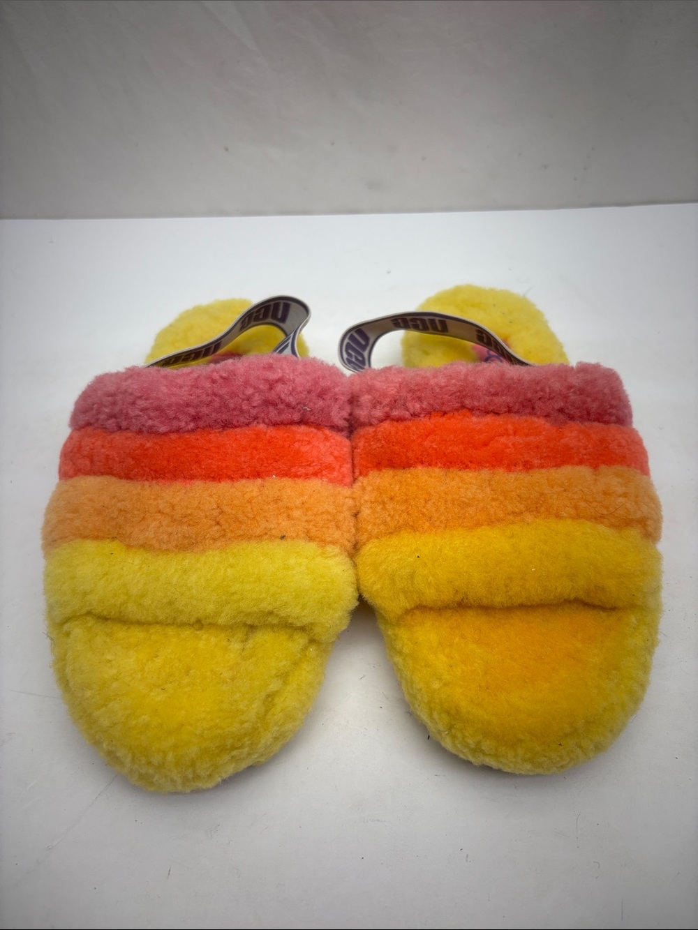 Kids Rainbow Fuzzy Slide Slippers - Yellow & Orange, SZ 3 little girl, box 27